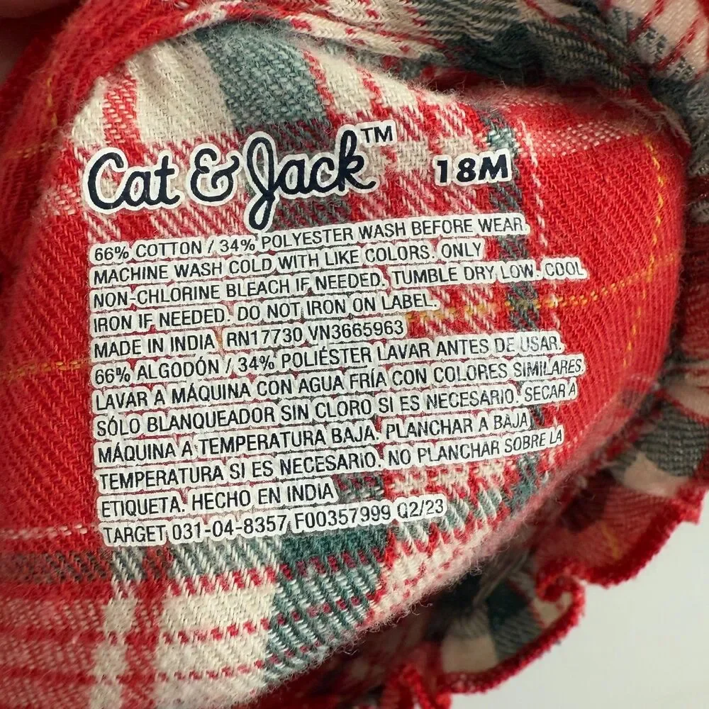 Cat & Jack Baby Girl Plaid Flannel Dress Long Sleeve Red Green Size 18 Months